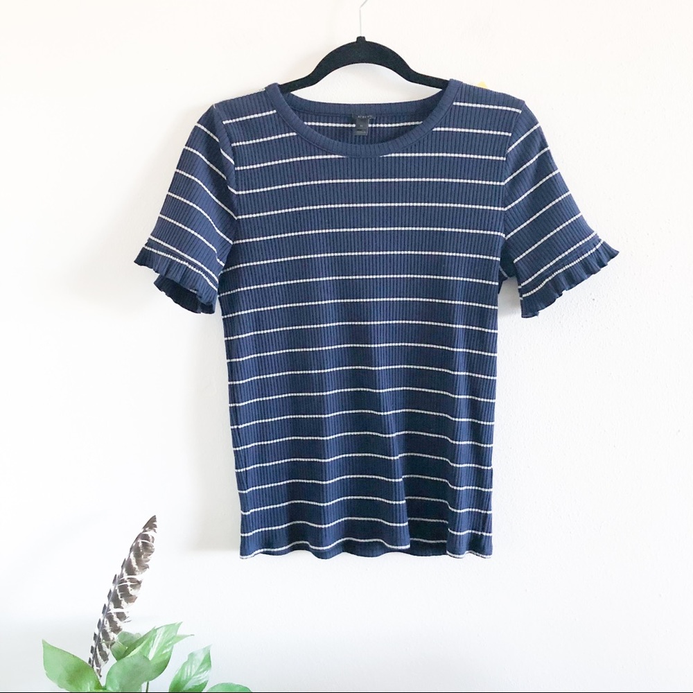 J CREW blue and silver ribbed short sleeve sweater